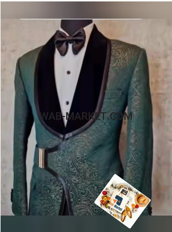 Costumes de mariage pour hommes à revers châle en jacquard vert